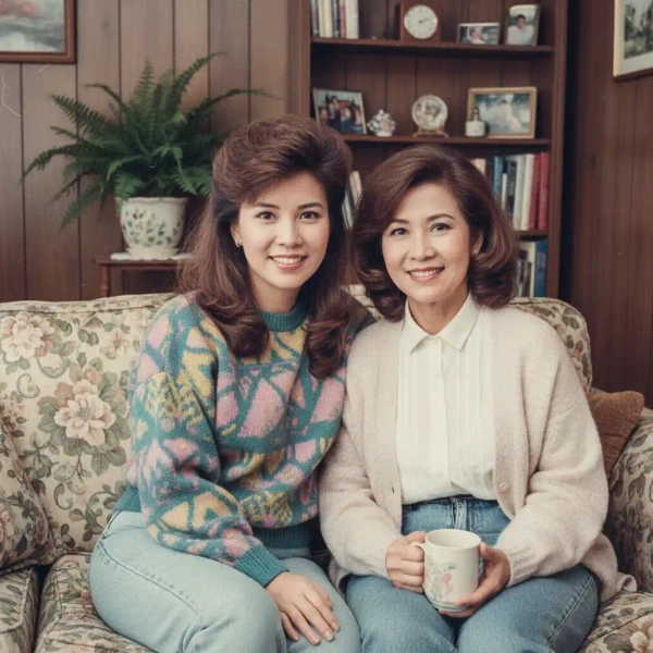Mother and daughter on a floral sofa in a wood-paneled 1980s living room, family album style