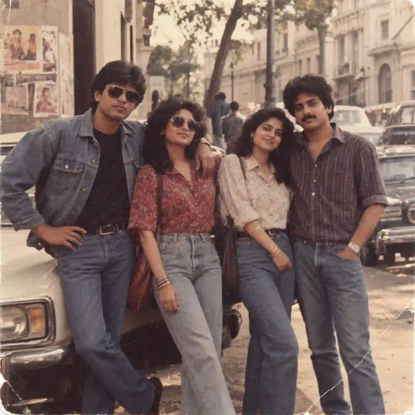 Four friends in denim and printed shirts posing by a vintage car on a 1980s street