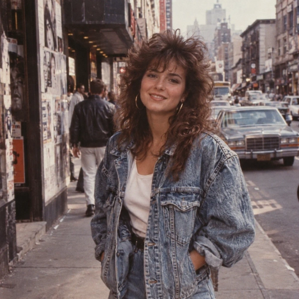 Woman with big curly hair in an acid-wash denim jacket on a 1980s city sidewalk