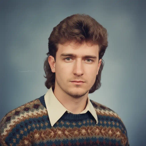 Man with a feathered mullet and Fair Isle sweater in a 1980s blue studio portrait